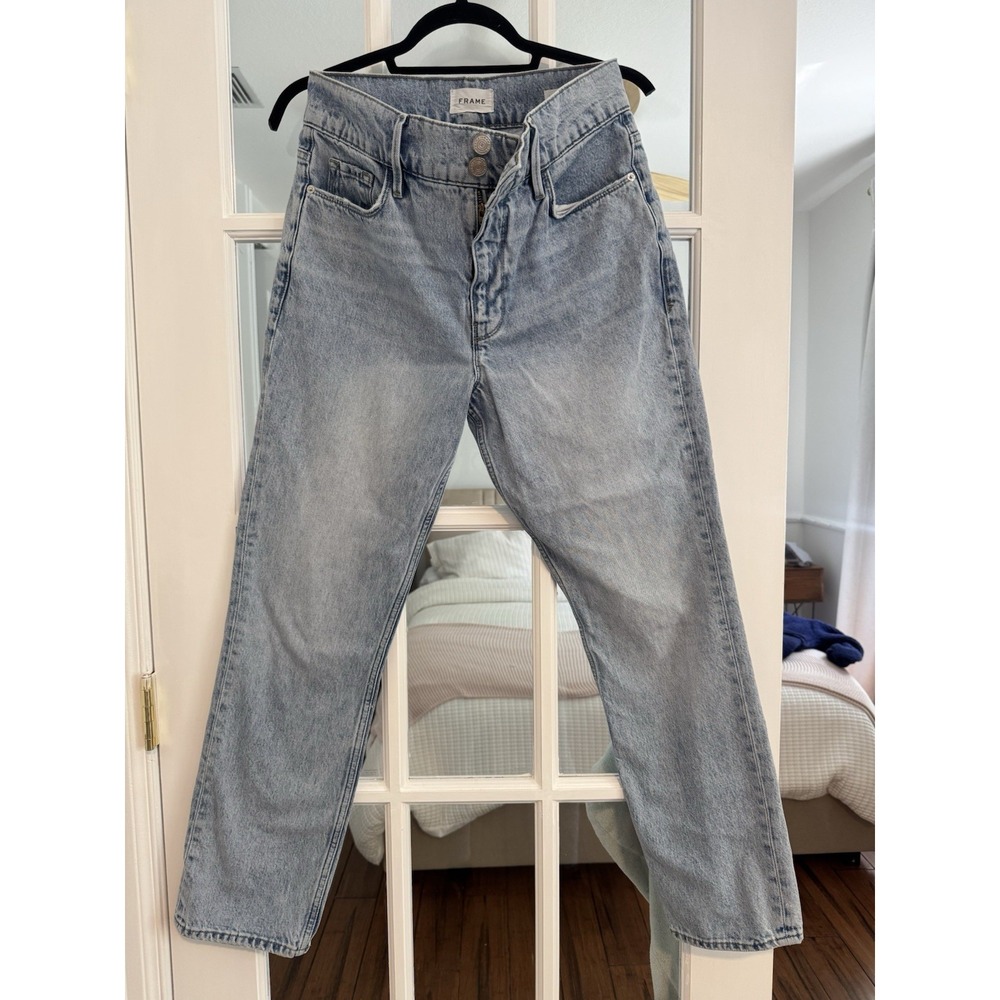 FRAME Women's Straight Jeans Light Wash Blue Denim 5-Pocket Button Zip